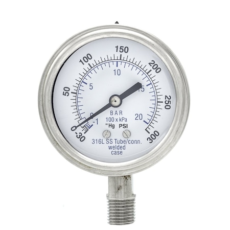 Pro 2 1/2 in Dial, 30 in Hg Vac/0/300 PSI & Bar, 1/4 in NPT, Lower Mount Dry/Fillable Pressure Gauge PRO-301D-254CH-01